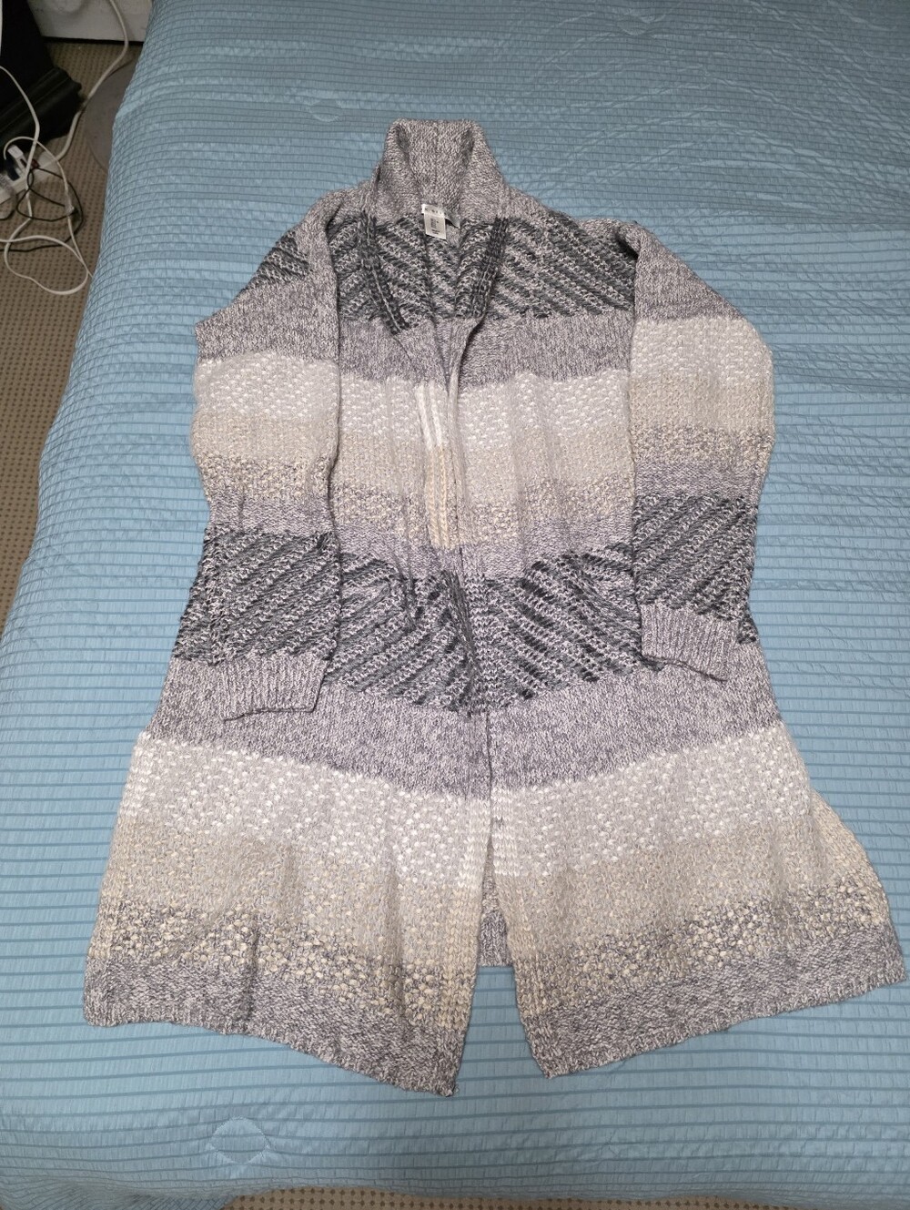 Max Studio Blue, Gray and Cream Open-Front Gradient Cardigan Size L